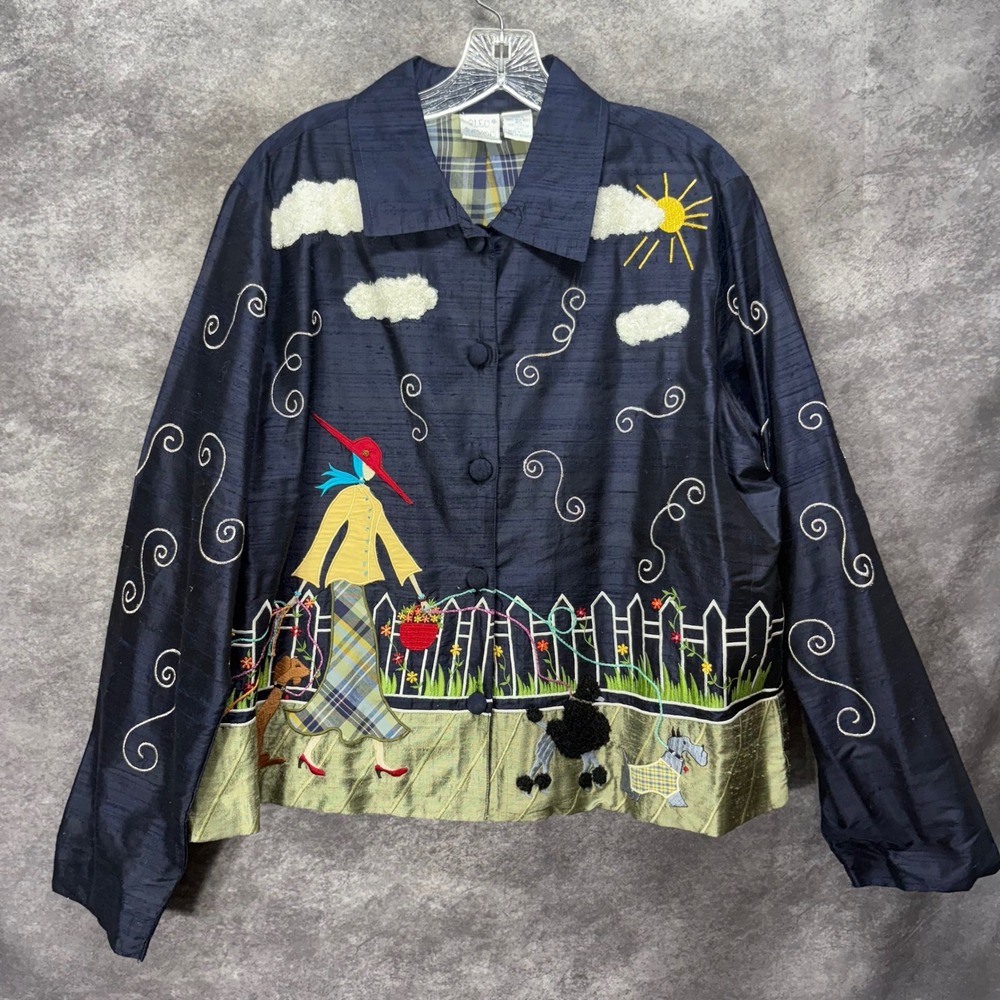 VTG Bleu Bayou Silk Embroidered Dog Walker Jacket Size L Navy Blue Art to Wear